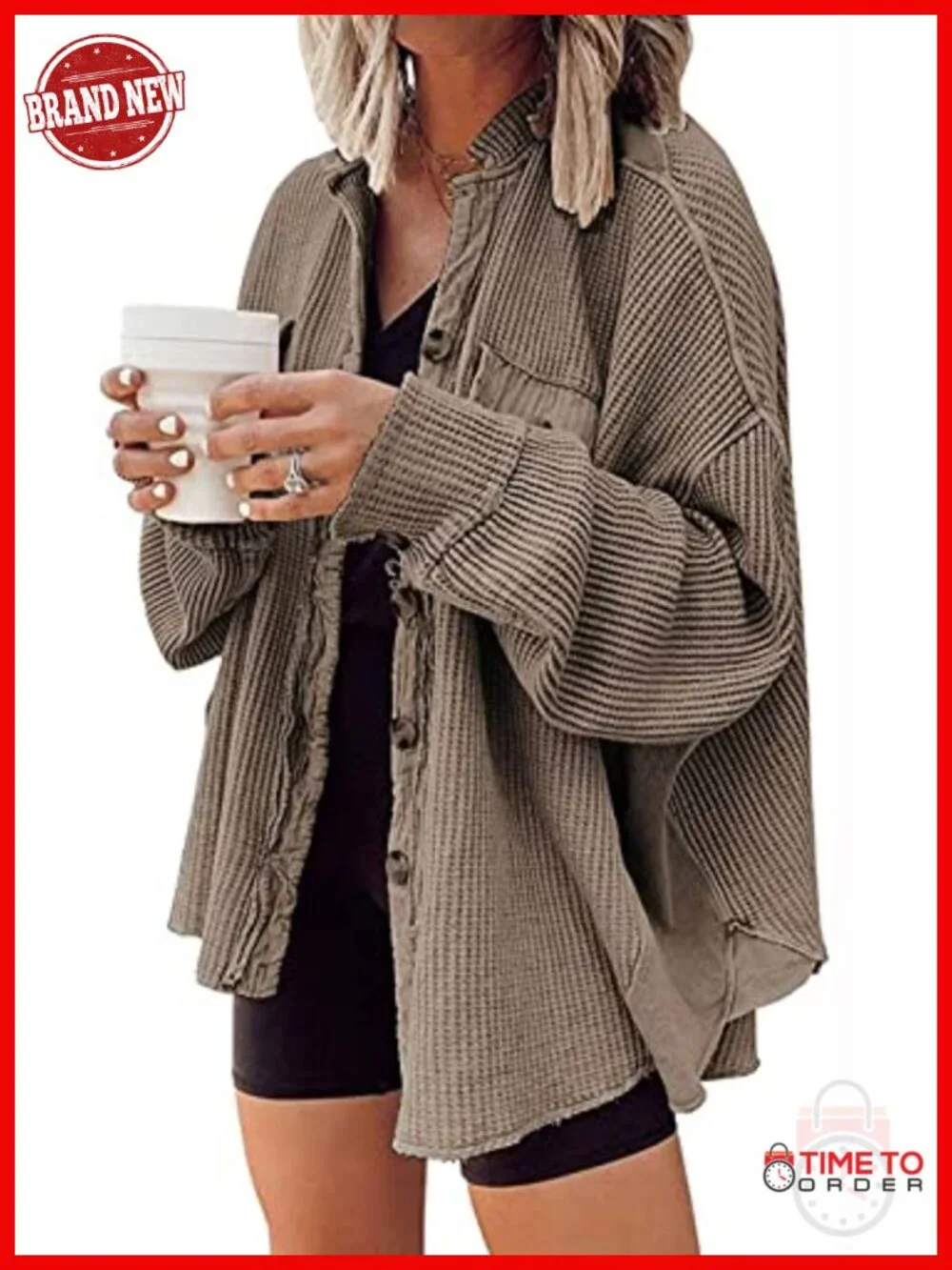 Oversized Waffle Knit Shacket Button Down Long Sleeve Shirt Jacket